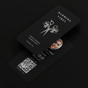 Tarjeta De Visita Hair Stylist Black Silver Scissors Floral Moderno