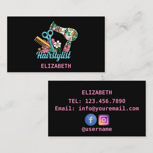 Tarjeta De Visita Hair Stylist Floral (Anverso / Reverso)