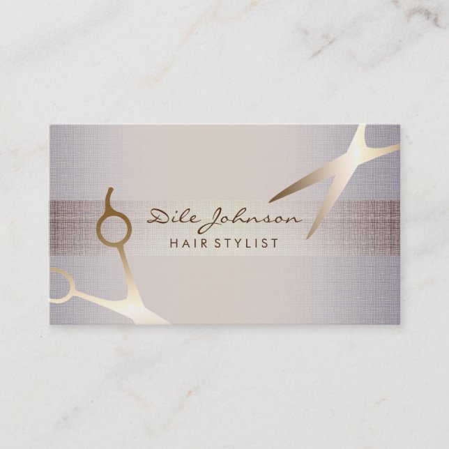 Tarjeta De Visita Hair Stylist Gold Purpurina Saloon Linen Retro (Anverso)