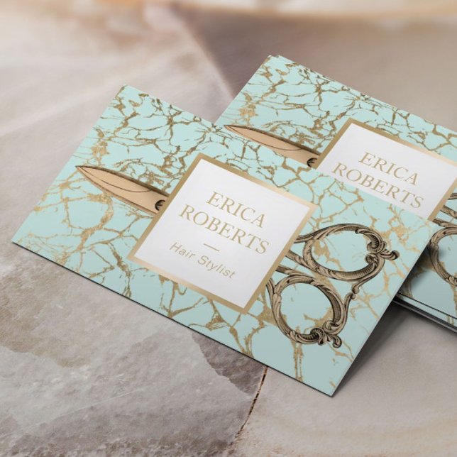 Tarjeta De Visita Hair Stylist Gold Scisor Moderno Mint Marble Salon (Subido por el creador)