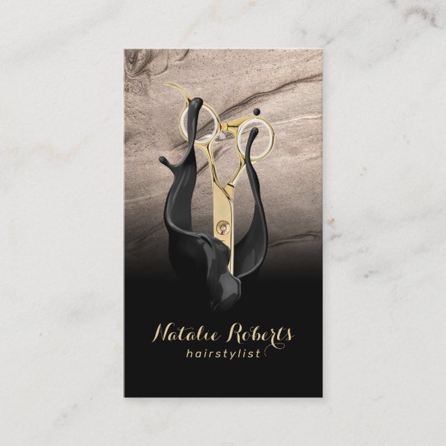 Tarjeta De Visita Hair Stylist Gold Scissor Black & Bornze Salon (Anverso)