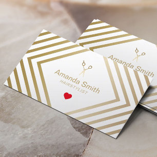 Tarjeta De Visita Hair Stylist Gold Scissor & Heart Geometric Salon