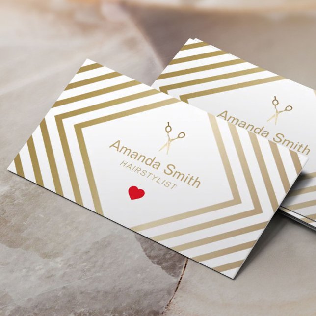Tarjeta De Visita Hair Stylist Gold Scissor & Heart Geometric Salon (Subido por el creador)