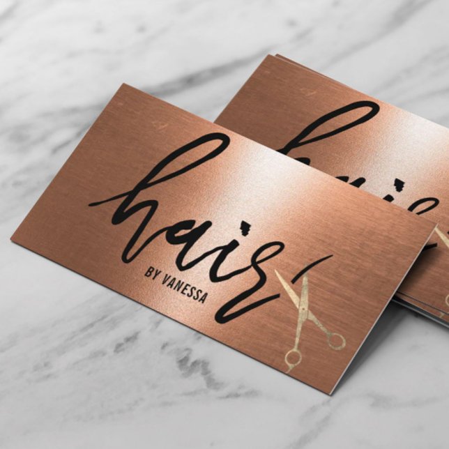 Tarjeta De Visita Hair Stylist Gold Scissor Typography Copper (Subido por el creador)
