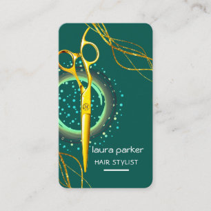 Tarjeta De Visita Hair Stylist Gold Scissors Green Salon Spa