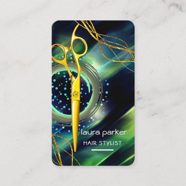 Tarjeta De Visita Hair Stylist Gold Scissors Green Salon Spa (Anverso)