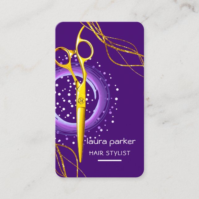 Tarjeta De Visita Hair Stylist Gold Scissors Purple Salon Spa (Anverso)