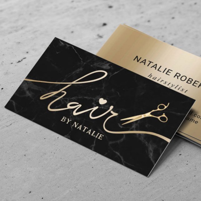 Tarjeta De Visita Hair Stylist Gold Script Salon Black Marble (Subido por el creador)