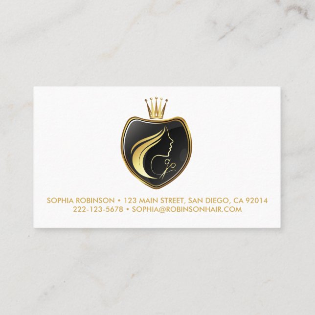 Tarjeta De Visita Hair Stylist Gold Script Scisors Crown (Reverso)