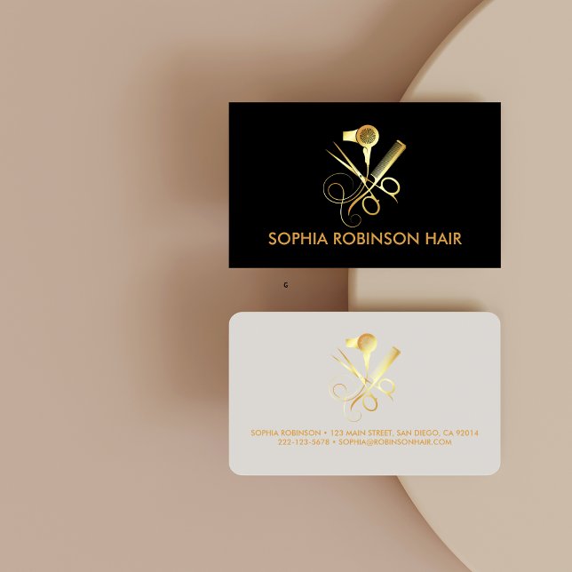Tarjeta De Visita Hair Stylist Gold Script Scissors Comb Dryer (Subido por el creador)