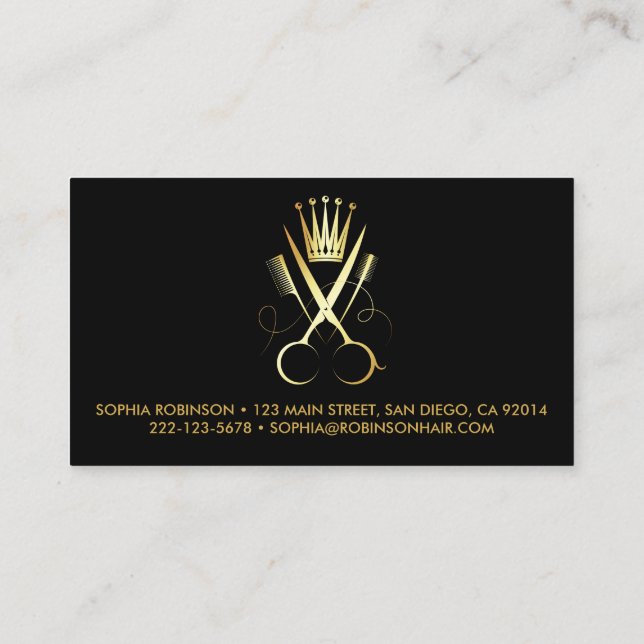 Tarjeta De Visita Hair Stylist Gold Script tijeras Comb Crown (Reverso)