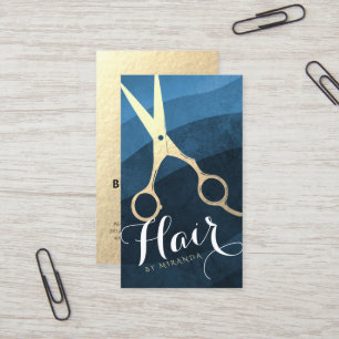 Tarjeta De Visita Hair Stylist Hairdresser Beauty Blue Gold Scissors