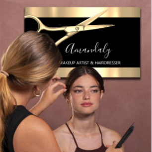 Tarjeta De Visita Hair Stylist Hairdresser Golden Scissors Moderno