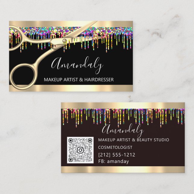 Tarjeta De Visita Hair Stylist Hairdresser Holograph Drip ScissorsQR (Anverso / Reverso)