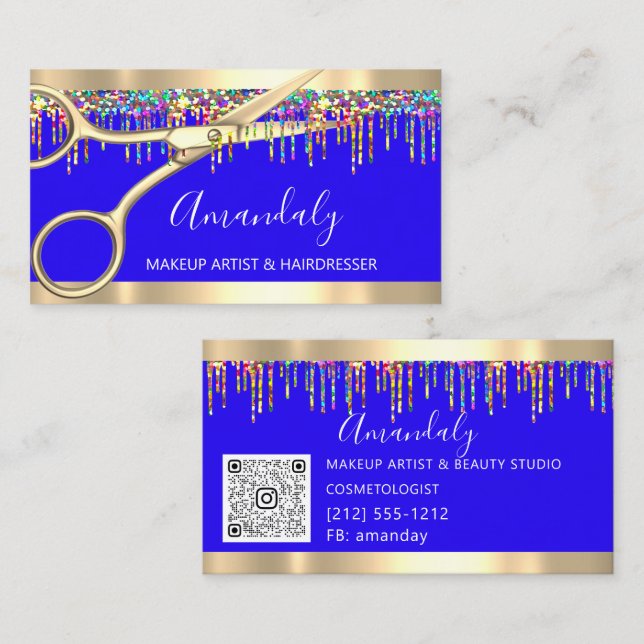 Tarjeta De Visita Hair Stylist Hairdresser Holograph Drits QR Blue (Anverso / Reverso)