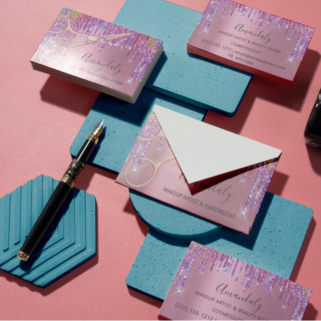 Tarjeta De Visita Hair Stylist Hairdresser Rosa Purpurina Tijeras (Subido por el creador)