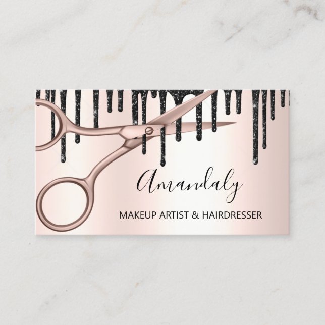 Tarjeta De Visita Hair Stylist Hairdresser Rosa Tijeras de Oro QRCod (Anverso)