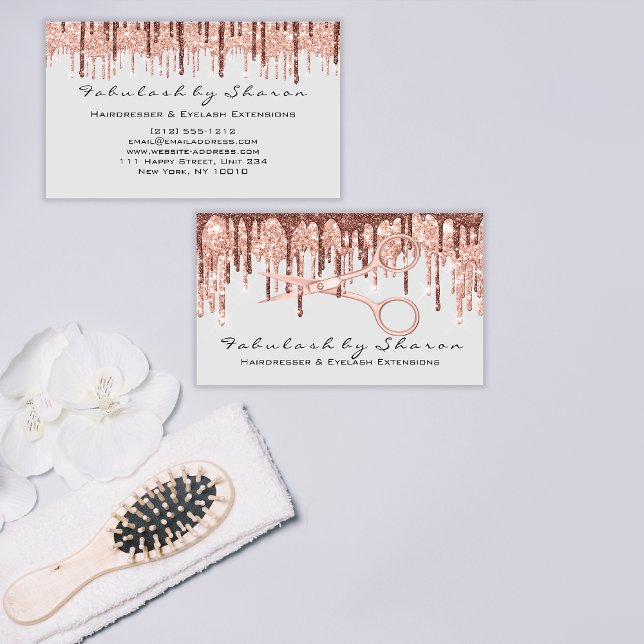 Tarjeta De Visita Hair Stylist Hairdresser Scissors Rosas Drips Gray (Hair Stylist Hairdresser Scissors Rose Drips Gray Business Card)