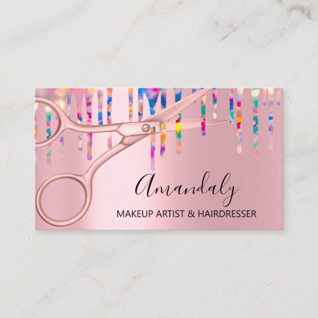 Tarjeta De Visita Hair Stylist Hairdresser Tijeras Holográficas Pink (Anverso)