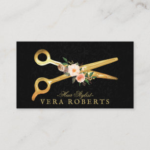 Tarjeta De Visita Hair Stylist Luxury Gold Scissors Black Damask