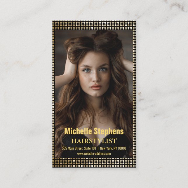 Tarjeta De Visita Hair Stylist Metallic Gold + Black QR Code (Anverso)