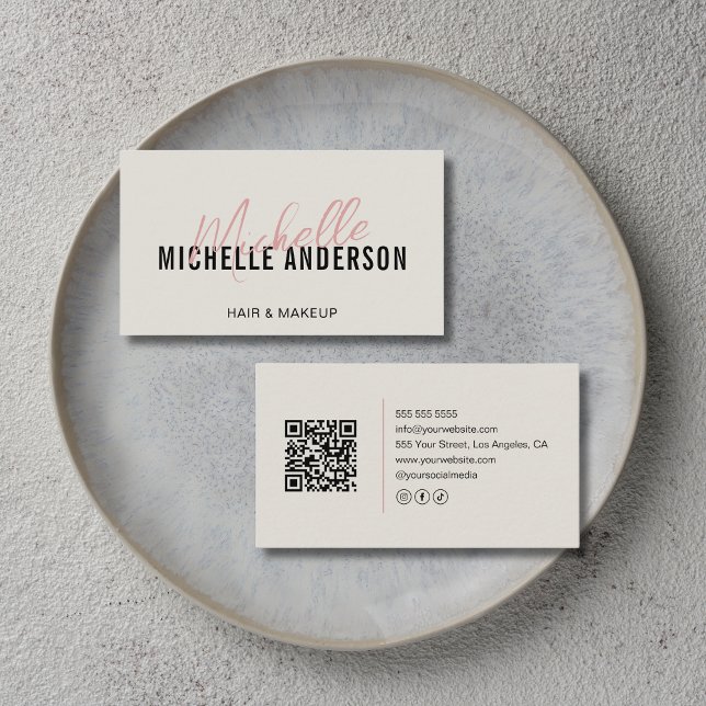 Tarjeta De Visita Hair Stylist Modern Neutral Beige QR Code (Hair Stylist Modern Neutral Beige QR Code Business Card)
