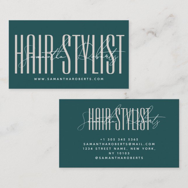 Tarjeta De Visita Hair stylist modern typography script green (Anverso / Reverso)