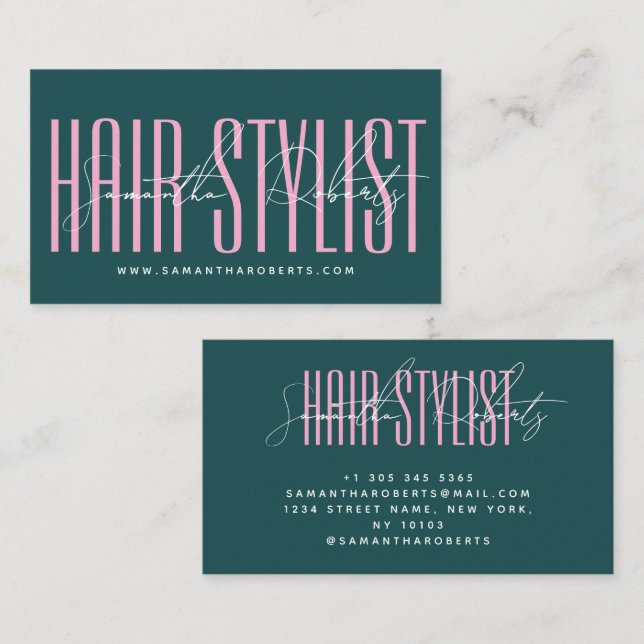 Tarjeta De Visita Hair stylist modern typography script green pink (Anverso / Reverso)
