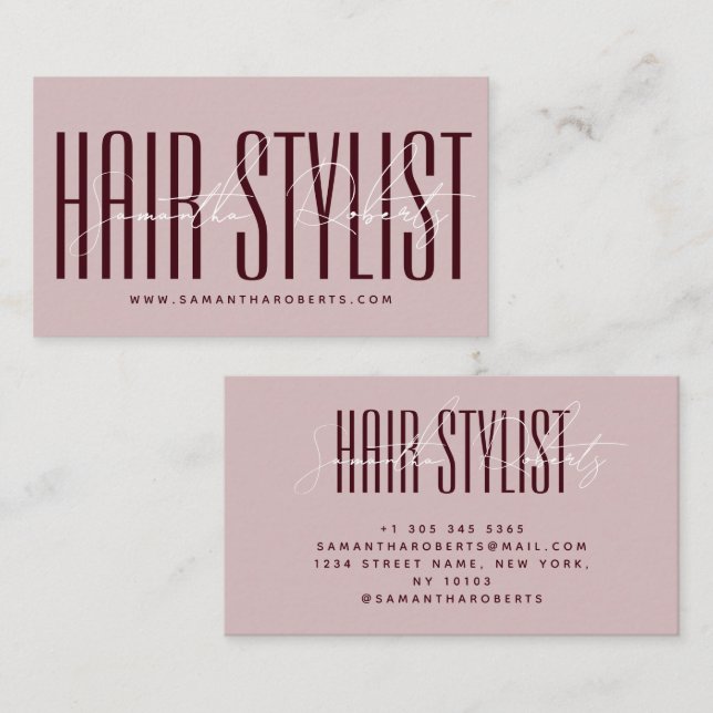 Tarjeta De Visita Hair stylist modern typography script purple (Anverso / Reverso)