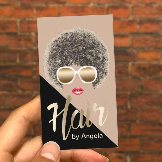Tarjeta De Visita Hair Stylist Moderno Gold Script Afro Hair (Subido por el creador)