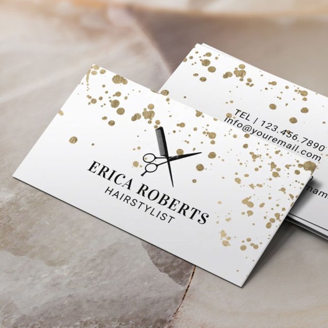Tarjeta De Visita Hair Stylist Moderno Gold Splatters Hairdresser (Subido por el creador)
