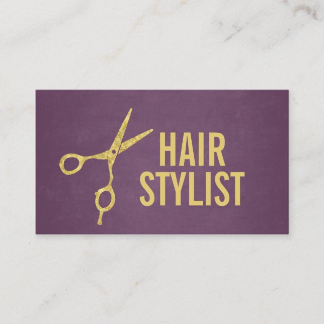 Tarjeta De Visita Hair Stylist Moderno Negrita Purple & Gold (Anverso)