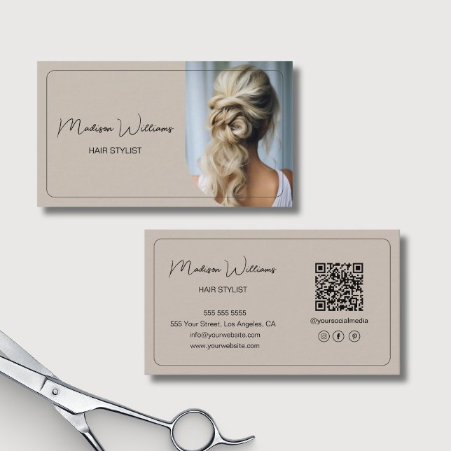 Tarjeta De Visita Hair Stylist Moderno Photo Beige (Hair Stylist Modern Photo Beige Business Card)