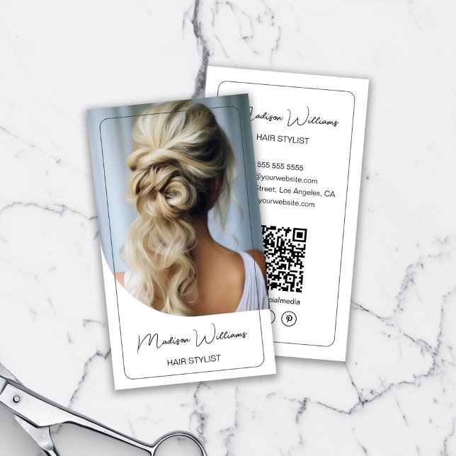 Tarjeta De Visita Hair Stylist Moderno Photo White (Hair Stylist Modern Photo White Business Card)