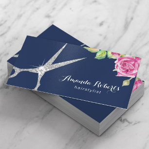 Tarjeta De Visita Hair Stylist Moderno Silver Scisor Floral Nave