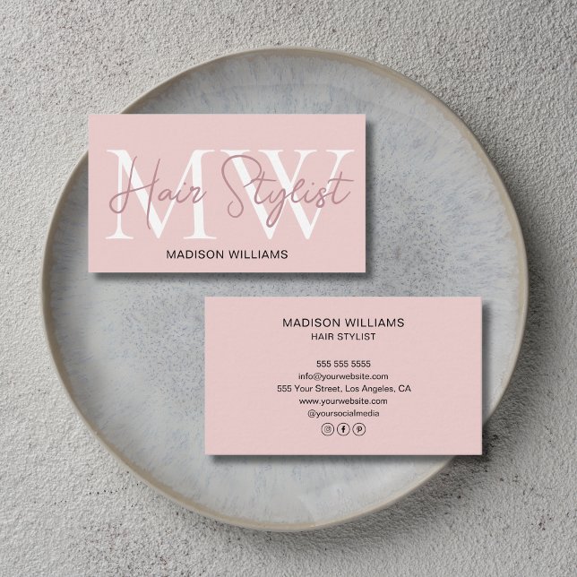 Tarjeta De Visita Hair Stylist Monogram Blush Pink (Hair Stylist Monogram Blush Pink Business Card)
