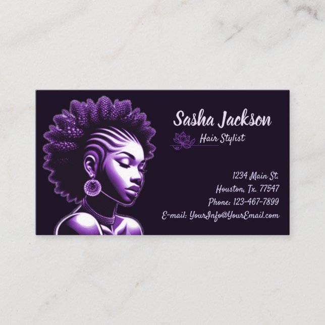 Tarjeta De Visita Hair Stylist Purple Business Card (Anverso)