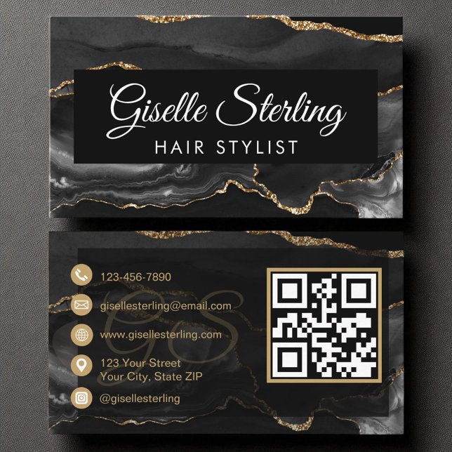 Tarjeta De Visita Hair Stylist QR Code Black Gold Agate Luxury (Subido por el creador)