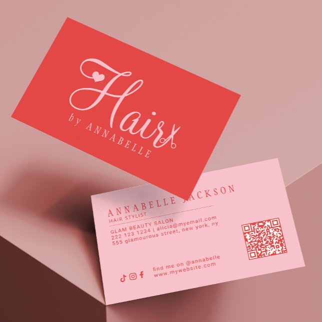 Tarjeta De Visita Hair stylist QR code retro modern script red pink (Subido por el creador)