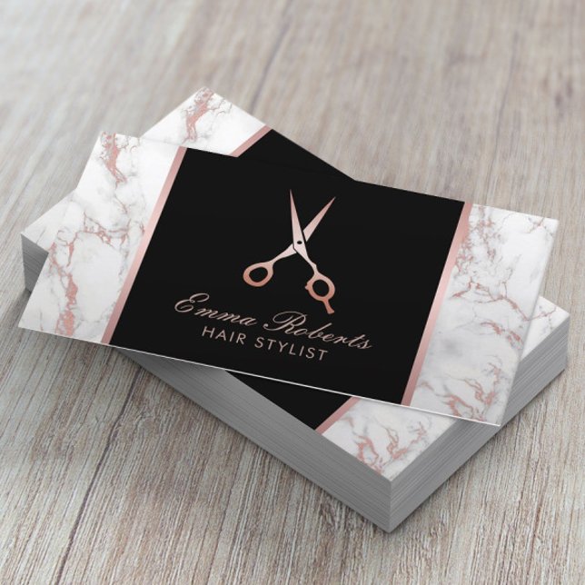 Tarjeta De Visita Hair Stylist Rosa Gold Scissor trendy Marble (Subido por el creador)