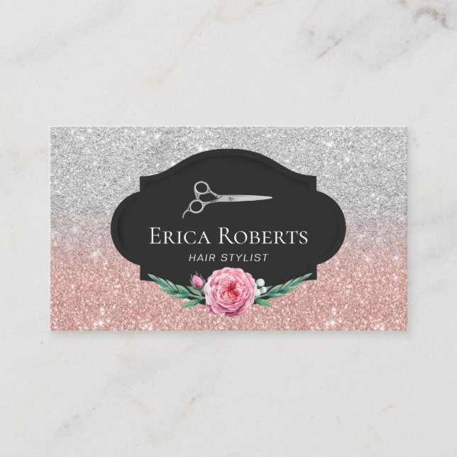 Tarjeta De Visita Hair Stylist Rosa Gold & Silver Purpurina Hair Slo (Anverso)