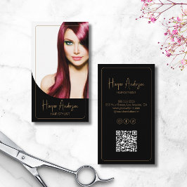 Tarjeta De Visita Hair Stylist Salon Custom Photo QR Black Gold