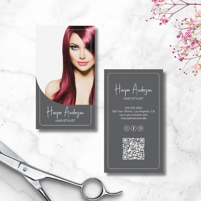 Tarjeta De Visita Hair Stylist Salon Custom Photo QR Gray (Hair Stylist Salon Custom Photo QR Gray Business Card)