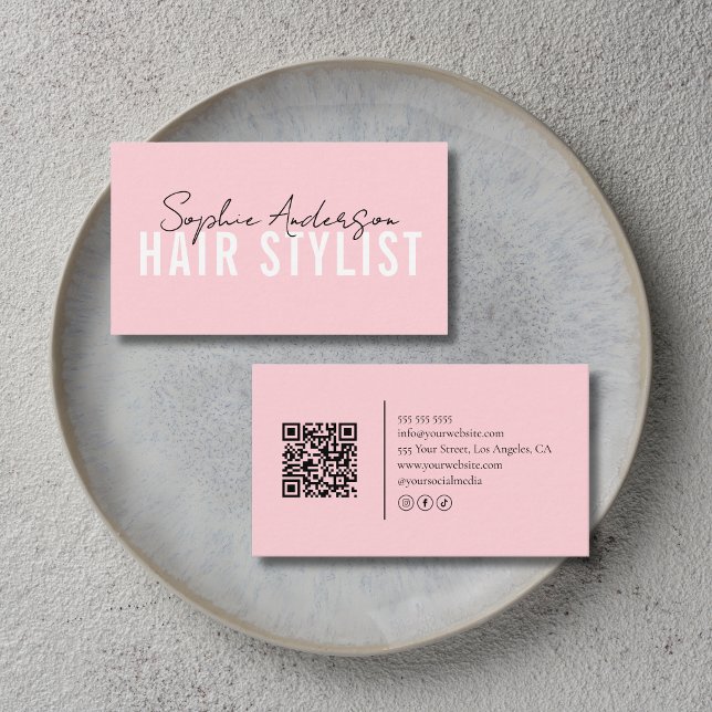 Tarjeta De Visita Hair Stylist Salon Pink QR Code (Hair Stylist Salon Pink QR Code Business Card)