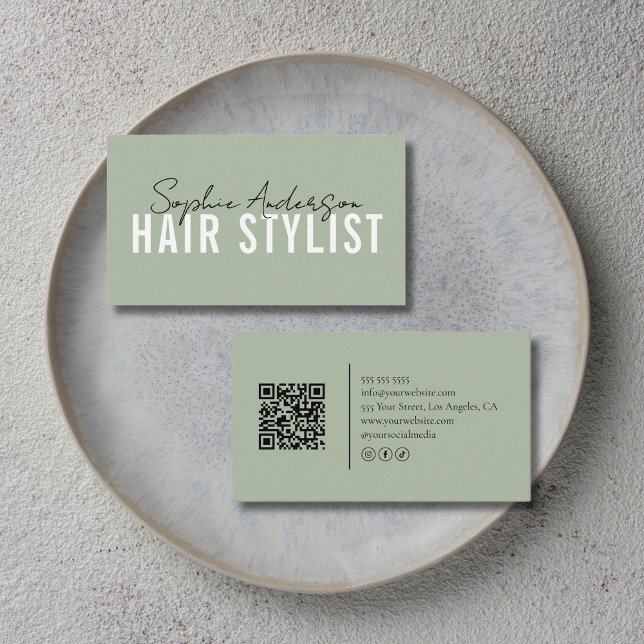 Tarjeta De Visita Hair Stylist Salon Sage Green QR Code (Hair Stylist Salon Sage Green QR Code Business Card)