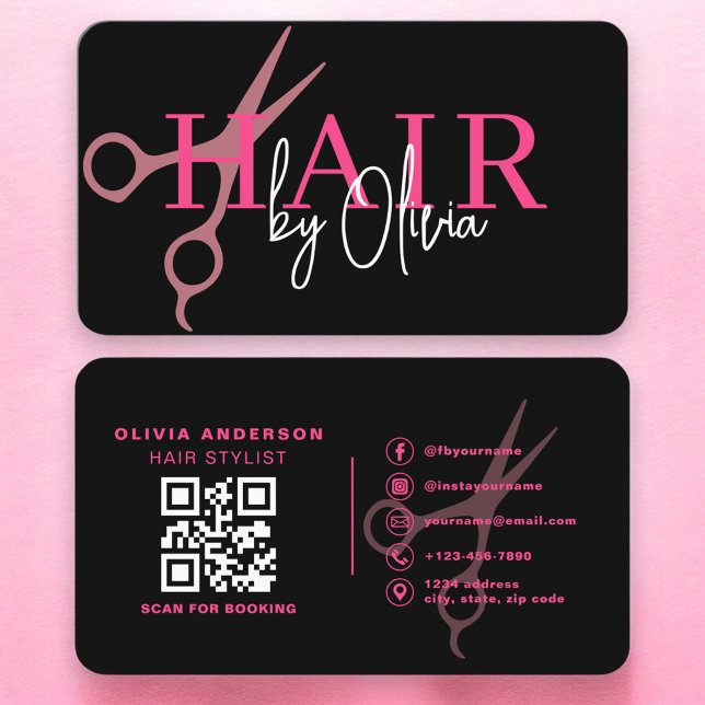 Tarjeta De Visita Hair Stylist Scissors Black Pink QR Code  (Subido por el creador)