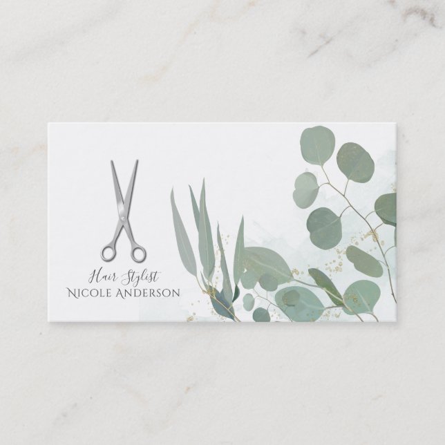 Tarjeta De Visita Hair Stylist Silver Scissors Eucalyptus Gold (Anverso)