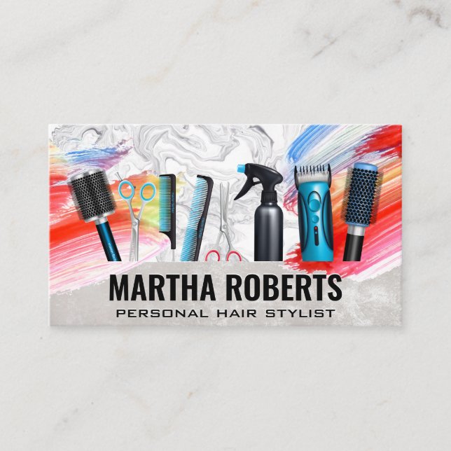 Tarjeta De Visita Hair Stylist Tools | Pincel acuarela artística (Anverso)
