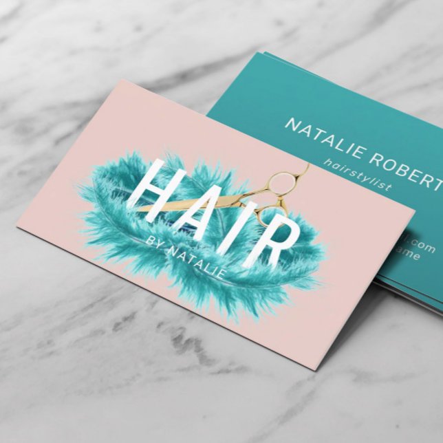 Tarjeta De Visita Hair Stylist Verde azulado Feather Gold Scissor Ru (Subido por el creador)