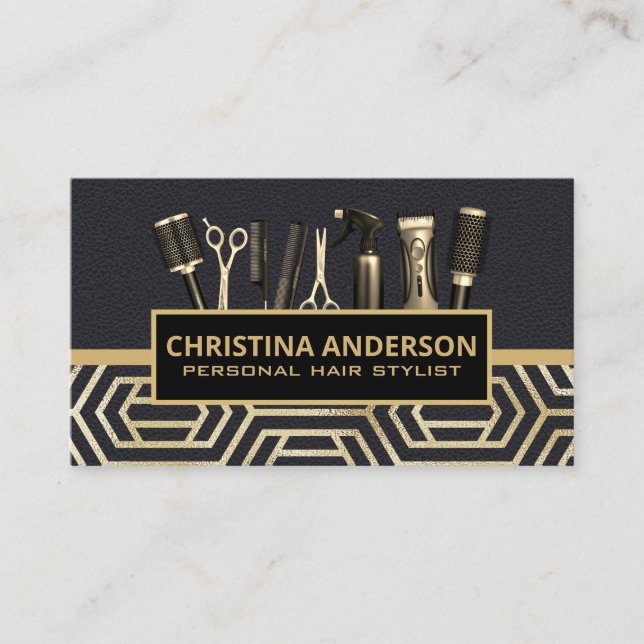 Tarjeta De Visita Hair Tools | Cuero | Geométrica moderna de oro (Anverso)